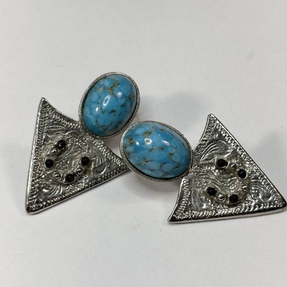 Silver Turquoise Post Earrings Triangle Southwestern Boho Horse Shoe